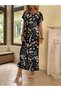 Women's Black Floral Patterned Crew Neck Short Sleeve Loose Maxi Length Casual Dress - 2