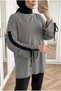 Women's Side Gathered Sleeve Detailed Striped Oversize Combed Cotton Tunic 75 cm