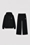 Women's Black Cotton Tracksuit Set Oversize Zippered Hooded Sweatshirt Loose Wide Leg Pants - 6