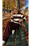 Rome Women's Burgundy Polo Collar Striped Knitwear Top and Bottom Set - 2
