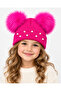 Girl's Pearl Detailed Double Pompom Fuchsia Knitwear Beanie