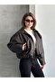Agli̇mmer Viral Women's Bomber Aci Brown Faux Leather Jacket with Wool Belt Detail - 3