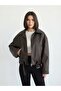 Agli̇mmer Viral Women's Bomber Aci Brown Faux Leather Jacket with Wool Belt Detail - 4