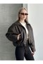 Turquaz Style Women's Bomber Aci Brown Faux Leather Jacket with Wool Inside and Belt Detail - 2