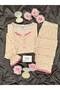 Cream Pink Floral Patterned Lace Detailed Patched Long Sleeve Berlin Camisole Pajama Set