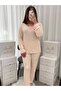 Cream Pink Floral Patterned Lace Detailed Patched Long Sleeve Berlin Camisole Pajama Set - 2