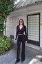 Double-Breasted Collar Long Sleeve Crop Blouse — Black - 2