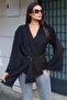 Crepe Fabric Double-Breasted Belted Kimono Blouse — Black
