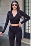 Double-Breasted Collar Long Sleeve Crop Blouse — Black