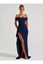 Women's Navy Blue Off-Shoulder Madonna Collar Deep Slit Long Evening Dress - 4