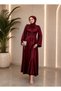 Satin Hijab Evening Dress Belted Spanish Sleeve Long Maxi Dress Bordo - 3