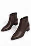 Poca Women's Brown Leather Pointed Toe Low Block Heel Side Zipper Short Boots 4 cm Heel - 2