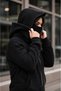Women's Black High Collar Zippered Hooded Long Sleeve Pocketed Cotton Oversize Sweatshirt Cardigan - 2