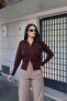 Ribbed Knitwear High Collar Zippered Cardigan — Brown - 7