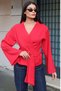 Crepe Fabric Double-Breasted Belted Kimono Blouse — Red