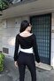 Double-Layered Look Strap Detail Off-Shoulder Blouse — Black - 7