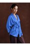 Blue Satin Textured Belted Kimono - 3