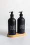 Set of 2 Black Kitchen Liquid Soap Dispensers 500ml with Bamboo Tray