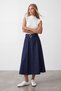 Women's Navy Blue Belt Detailed Double Pocket Denim Skirt Alc-X15635