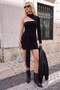 Black Asymmetric Collar Single Sleeve Draped Bodycone/Body-Hugging Short / Mini Knitted Dress Tpraw27El00054