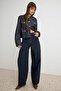 Dark Blue Button Detailed High Waist Baggy Jeans Twoaw27Je00239 - 3