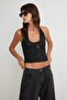 Siyah Çiçekli Halter Yaka Kolsuz Örme İnterlok Bluz TPRAW27BZ00059