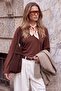 Brown Plain Fitted V-Neck Spanish Sleeve Crop/Short Cotton Stretch Knitted Blouse Twoaw27Bz00079 - 2