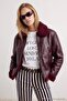 Bordo Oversize Kalıp Peluş Detaylı Biker Ceket Mont TWOAW25MO00032