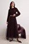 Brown Gold Belt Detailed Flocked Textured Tulle A-Line/A-Line Bell Form Maxi Knitted Hijab Evening Dress Tctaw27Db00002 - 3
