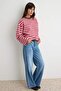 Pembe Çizgili Bisiklet Yaka Oversize Düşük Kol Örme Sweatshirt TWOAW27SW00239 - 2