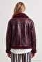 Bordo Oversize Kalıp Peluş Detaylı Biker Ceket Mont TWOAW25MO00032 - 4