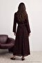 Brown Gold Belt Detailed Flocked Textured Tulle A-Line/A-Line Bell Form Maxi Knitted Hijab Evening Dress Tctaw27Db00002 - 4