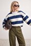 Navy Blue Ecru Striped Oversize/Wide Cut Crew Neck Knitted Sweatshirt Twoaw27Sw00168 - 2