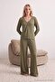 Khaki Snap Fastener Viscose Ribbed Knitted Pajama Set Thmaw27Pt00235 - 2