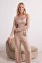 Dark Beige 3-Piece Cotton Blend Floral Ribbed Knitted Pajama Set Thmaw27Pt00017