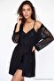 Black 2-Piece Lace Detailed Viscose Knitted Dressing Gown+Nightgown Thmaw27Gc00002 - 2