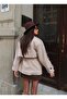 Women's Stone Color Coat Short Length Buttoned Belted New Season Outerwear - 4