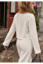 Women's White Ring Detailed Low-Cut Long Sleeve Crop Blouse and Palazzo Trousers Two-Piece Knitwear Set - 5