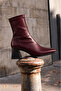 Women's Burgundy Blunt Toe Leather Plain Thick Heeled Side Zipper Stretch Boots - 3