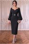 Double-Breasted Collar, Balloon Sleeves, Belted, Buckled Midi Length Evening Dress, Graduation Dress