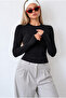 Women's Black Crew Neck Finger Detail Blouse Slim Body with Fleece Inside - 3