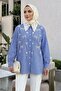 Lace Collar Embroidery Detailed Striped Poplin Navy Blue Hijab Shirt 15629L
