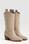 Suede Embroidered Zipper Detailed Western Cowboy Boots Beige