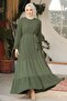 Pleated Detailed Khaki Hijab Dress 57351HK