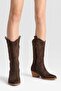 Suede Embroidered Zipper Detailed Western Cowboy Boots Light Brown - 2
