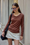 Women's V-Neck Long Sleeve Regular Fit Basic T-Shirt Dark Brown - 7