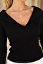 Black Women's Turn-Down Collar Ribbed Lycra Knitwear Blouse - 5