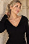 Black Women's Turn-Down Collar Ribbed Lycra Knitwear Blouse - 4