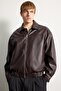 Oversize Shirt Collar Leather Look Zippered Coat G0193Ax26Sp - 4