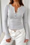 Women's Top with Stretchy Fabric and Button Detail, Melange Light Gray (Not Crop Length, It's a Regular Fit)